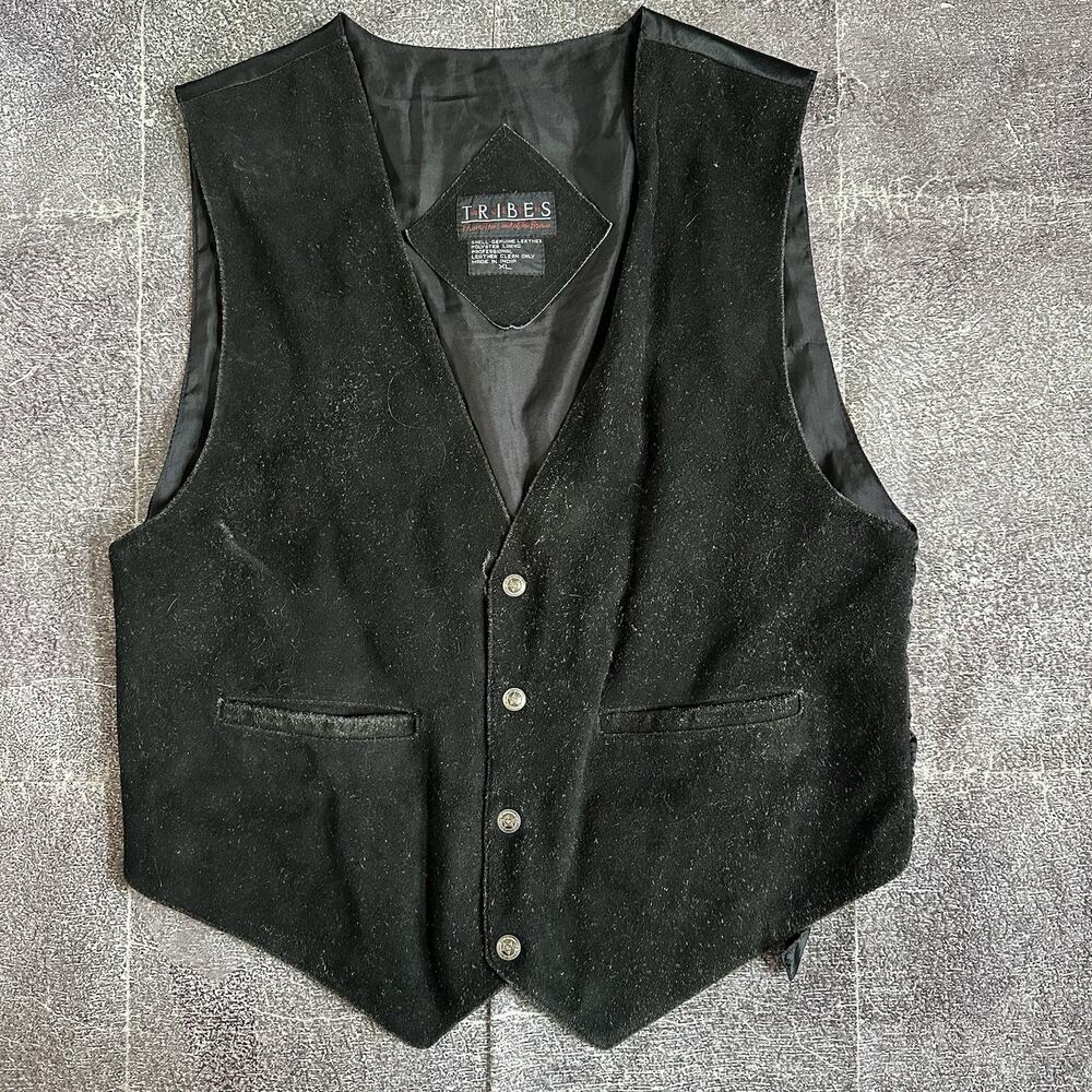 Men's Vintage 90's Tribes Western Wear Black Suede Leather Button Up Vest Sz XL